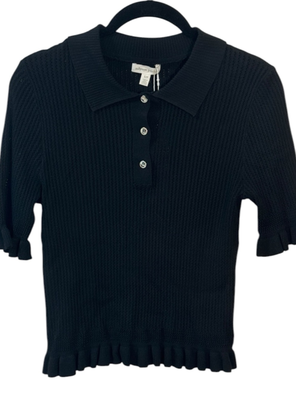 Adyson Parker Black Collared Ruffle-Trim Button Polo Top - Size Small
